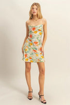 Flora Satin Floral Cowl-Neck Mini Dress - Dressed.