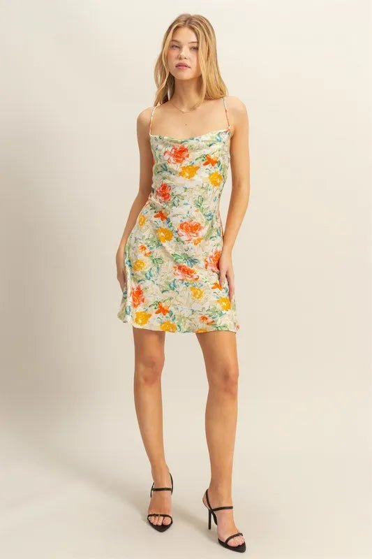 Flora Satin Floral Cowl-Neck Mini Dress - Dressed.