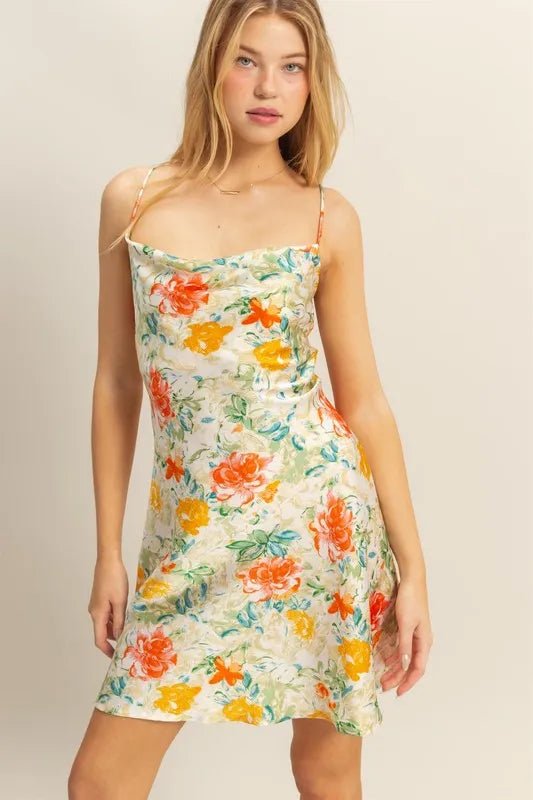 Flora Satin Floral Cowl-Neck Mini Dress - Dressed.