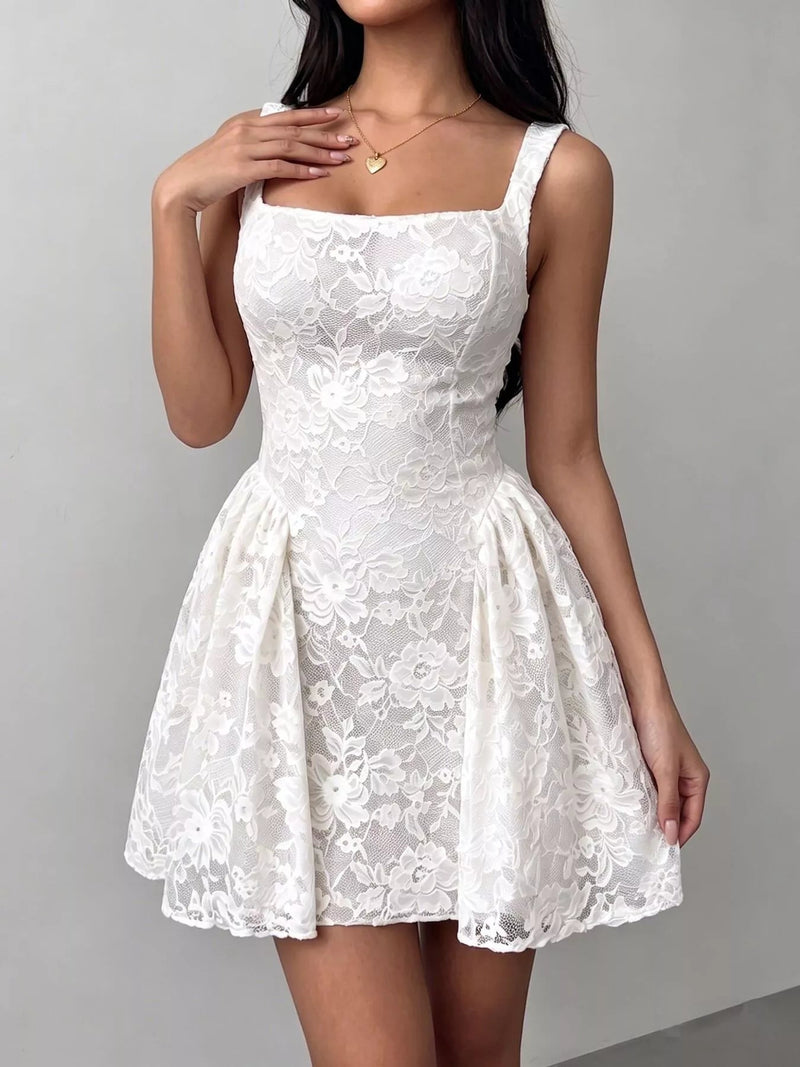 Floral Lace Square Neck Mini Dress — Multiple Colors | Trendsi - Dressed.