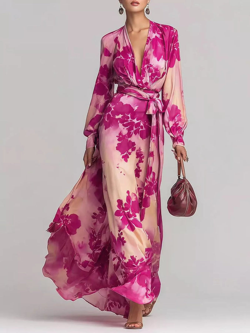 Floral Print Maxi Dress with Waist-Tie Detail — Hot Pink • Inclusive Sizing | Trendsi - Dressed.