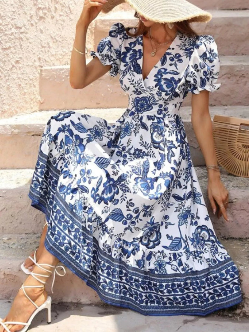 Floral Print Puff Sleeve Wrap Midi Dress — Multiple Colors • Inclusive Sizing | Trendsi - Dressed.