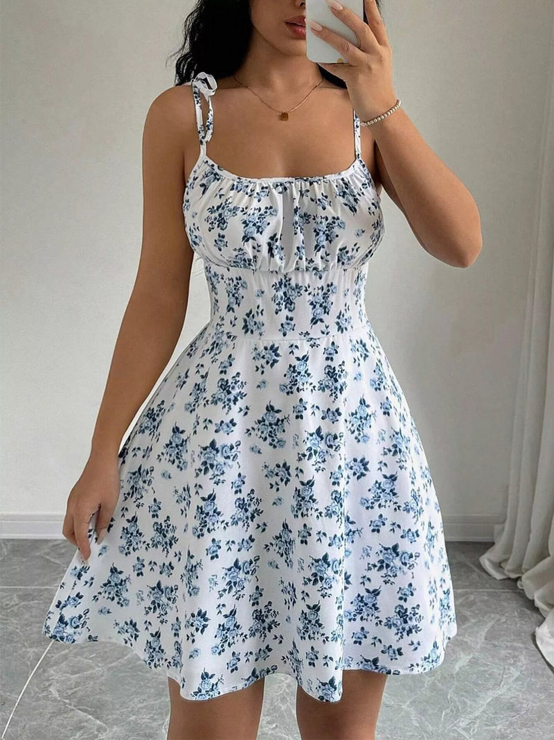 Floral Print Spaghetti Strap A-Line Mini Dress — White | Trendsi - Dressed.