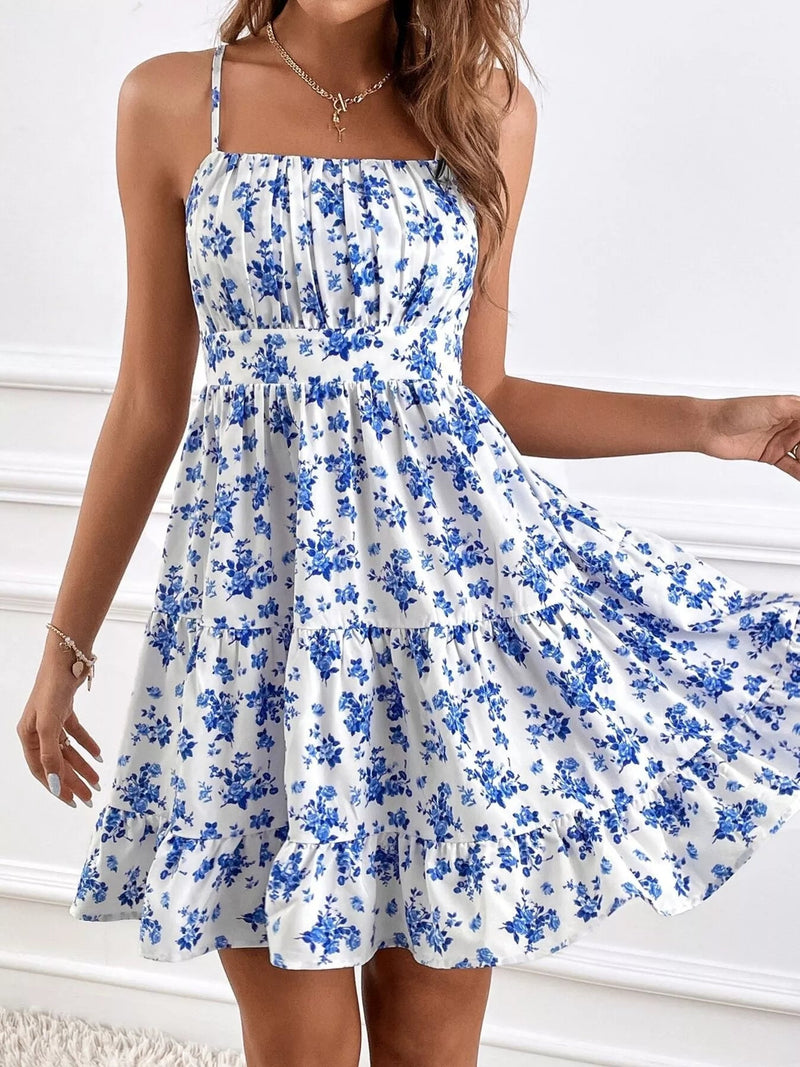 Floral Print Spaghetti Strap Tiered Mini Dress — Sky Blue | Trendsi - Dressed.