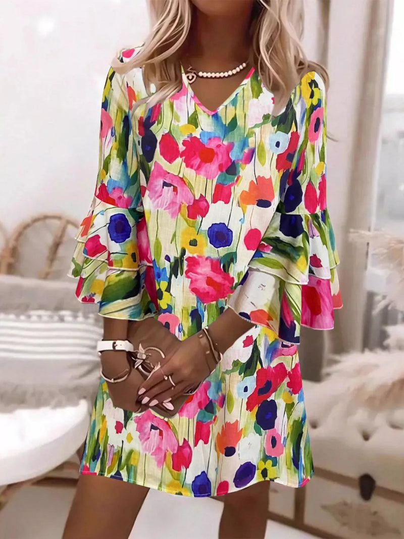 Floral Print Tiered Ruffle Sleeve Casual Mini Dress — Multicolor | Trendsi - Dressed.