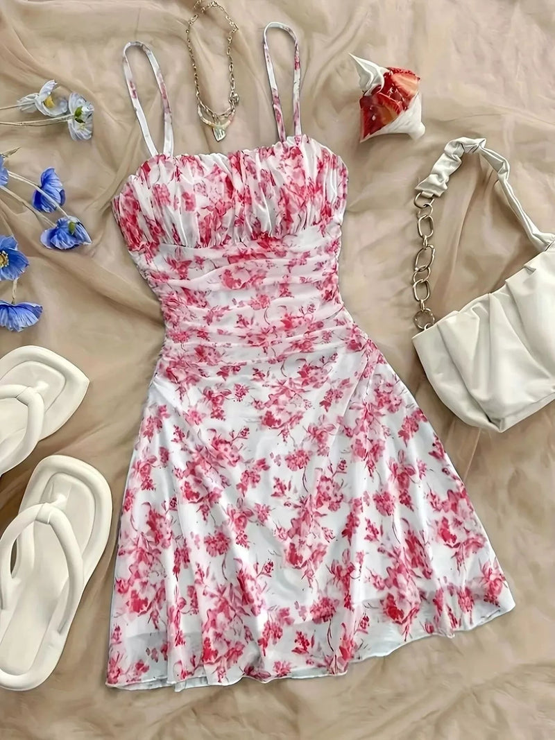 Floral Ruched Spaghetti Strap Mini Dress — Sky Blue & Red | Trendsi - Dressed.