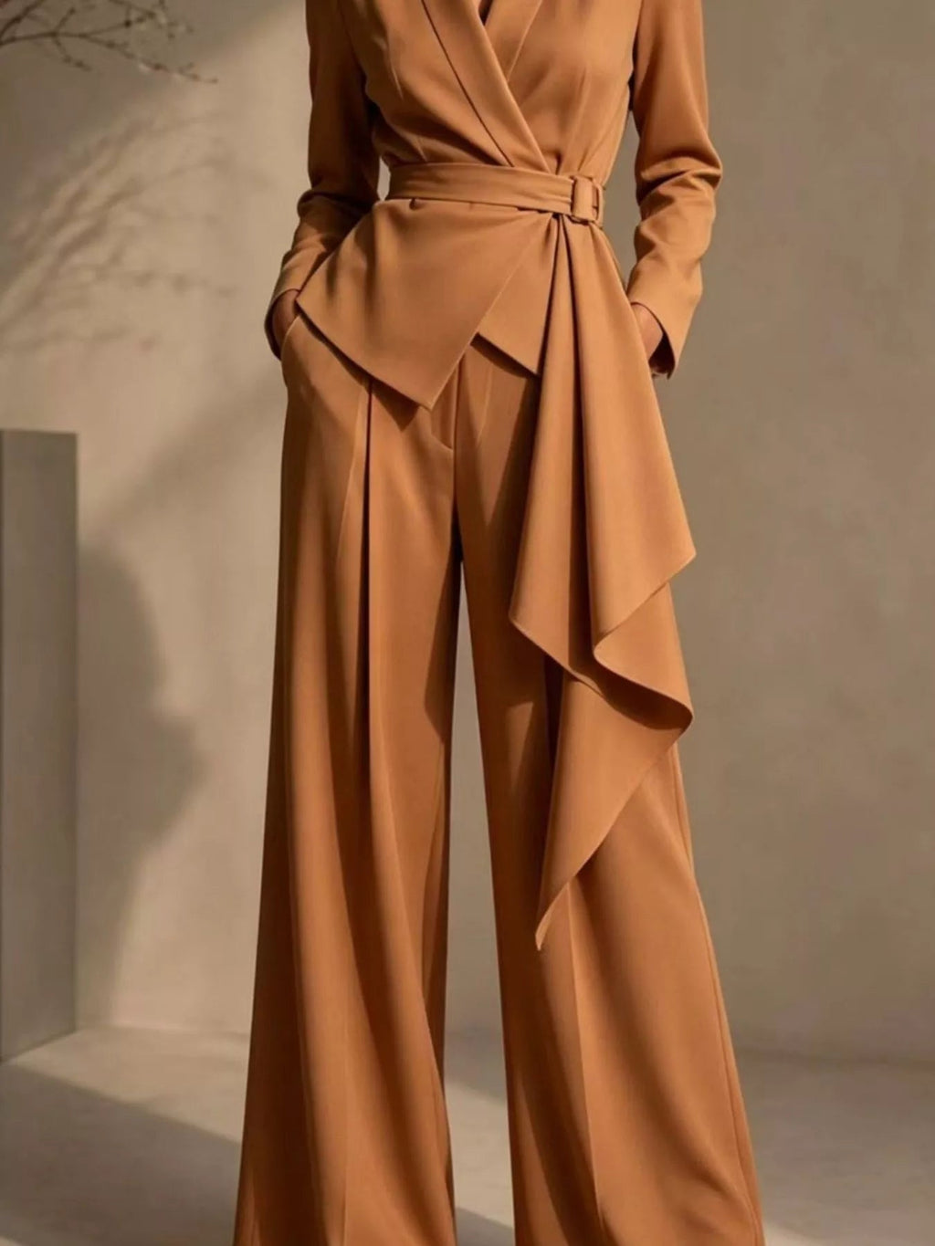 Full Size Belted Blazer and Wide-Leg Pants Set Plus Size - Dressed.