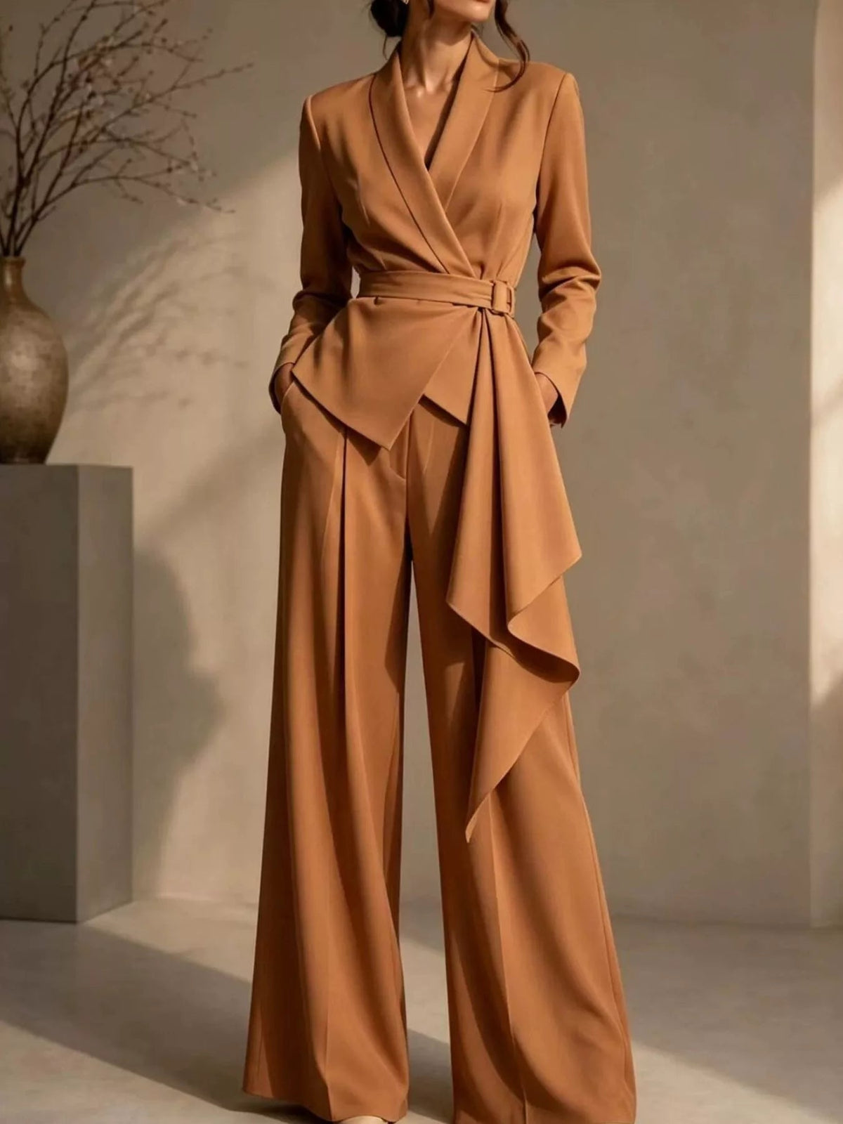 Full Size Belted Blazer and Wide-Leg Pants Set Plus Size - Dressed.