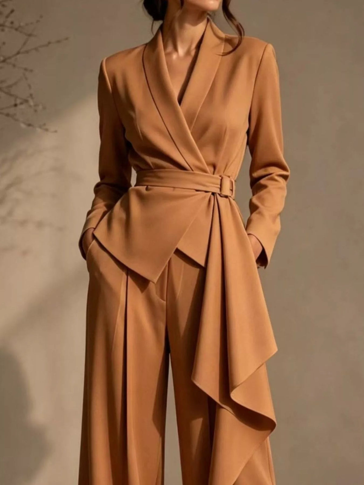 Full Size Belted Blazer and Wide-Leg Pants Set Plus Size - Dressed.