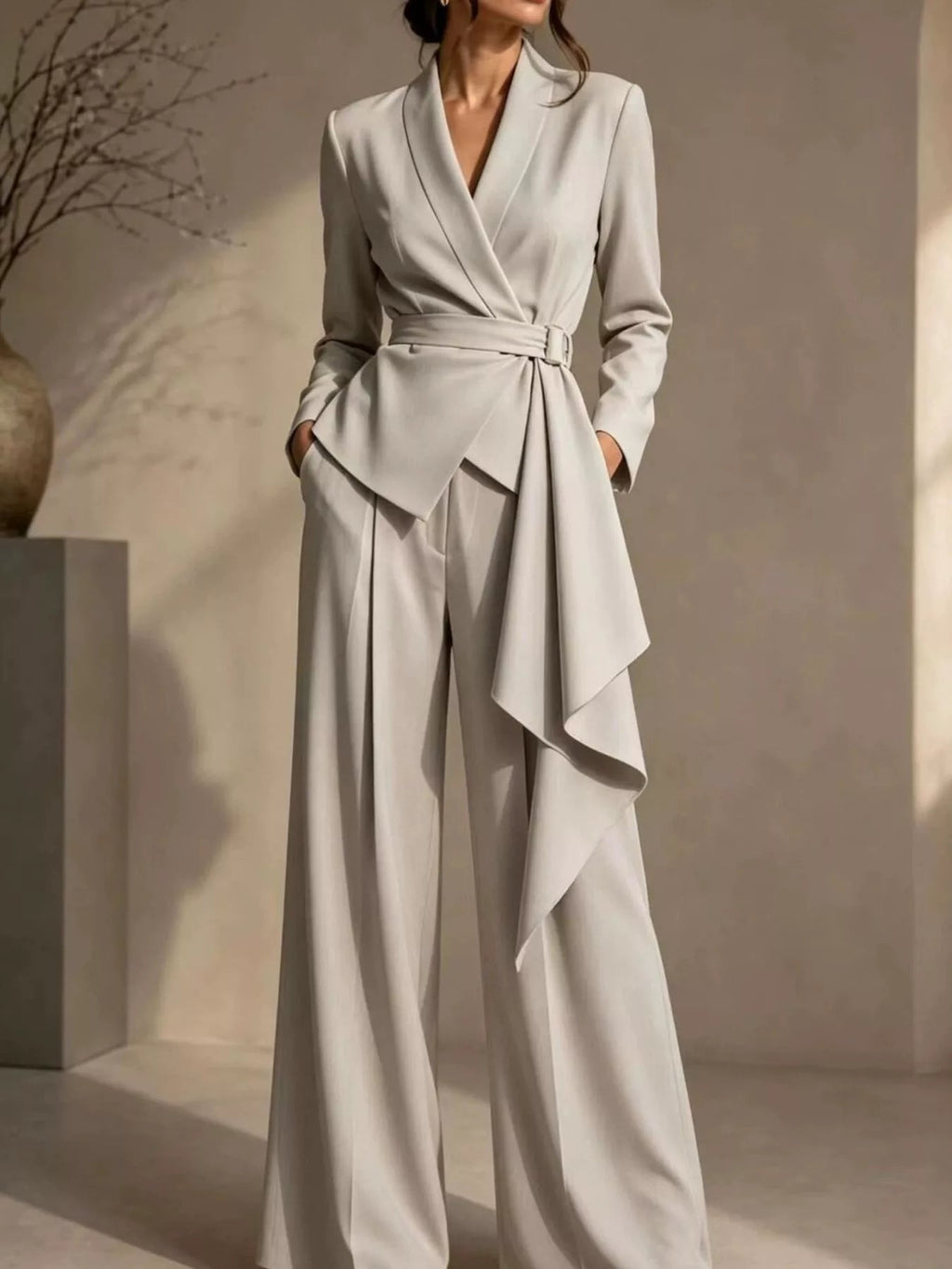 Full Size Belted Blazer and Wide-Leg Pants Set Plus Size - Dressed.