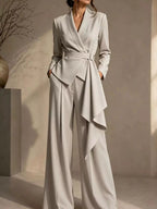 Full Size Belted Blazer and Wide-Leg Pants Set Plus Size - Dressed.