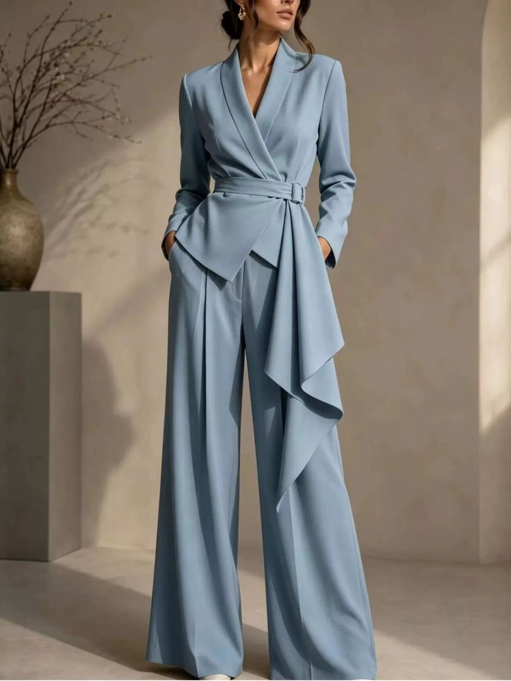 Full Size Belted Blazer and Wide-Leg Pants Set Plus Size - Dressed.