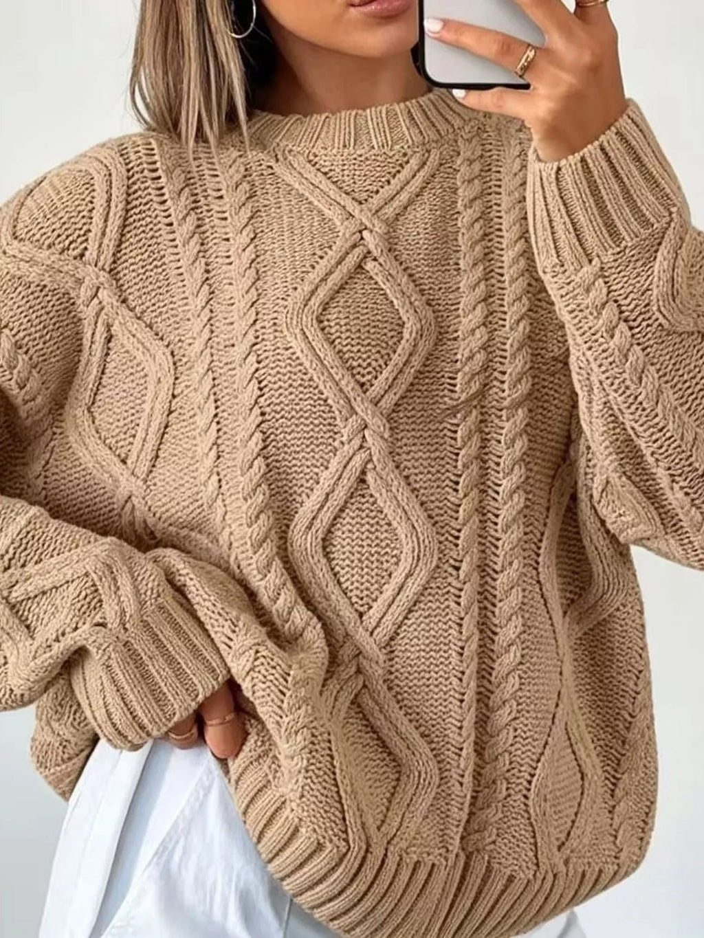 Full Size Cable-Knit Round Neck Sweater Plus Size - Dressed.
