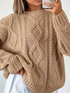 Full Size Cable-Knit Round Neck Sweater Plus Size - Dressed.