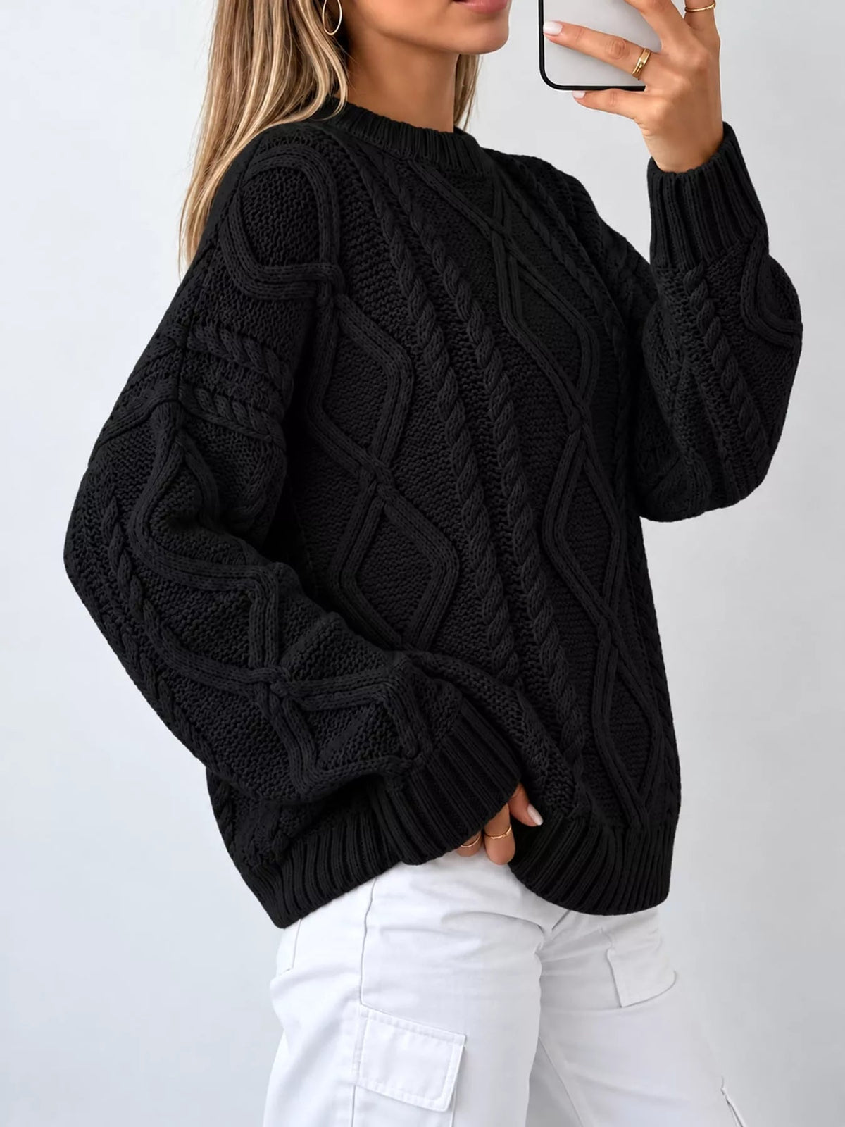 Full Size Cable-Knit Round Neck Sweater Plus Size - Dressed.