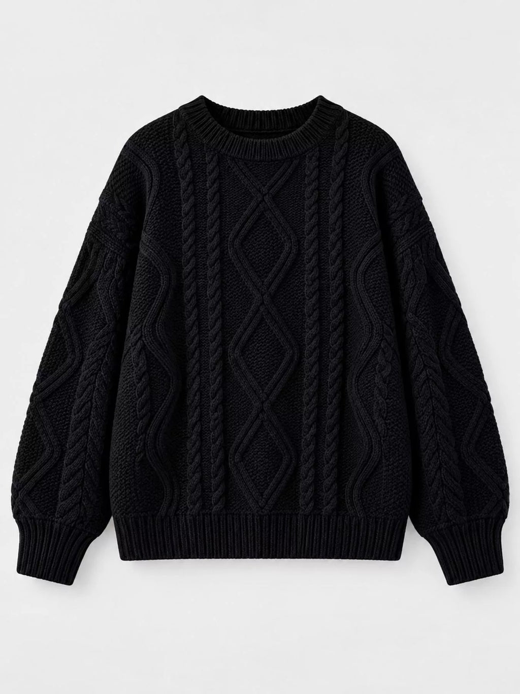Full Size Cable-Knit Round Neck Sweater Plus Size - Dressed.