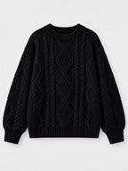 Full Size Cable-Knit Round Neck Sweater Plus Size - Dressed.
