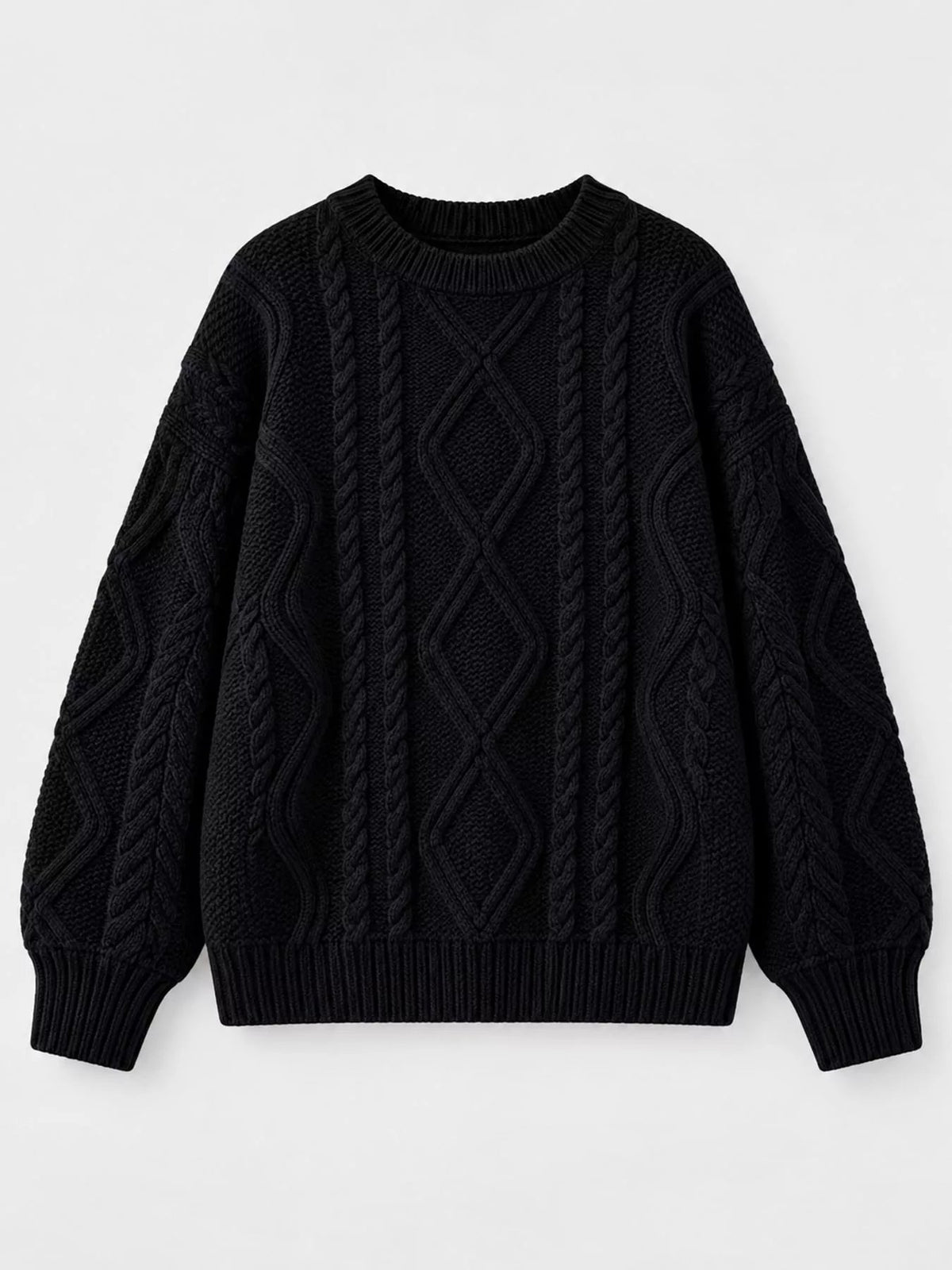 Full Size Cable-Knit Round Neck Sweater Plus Size - Dressed.