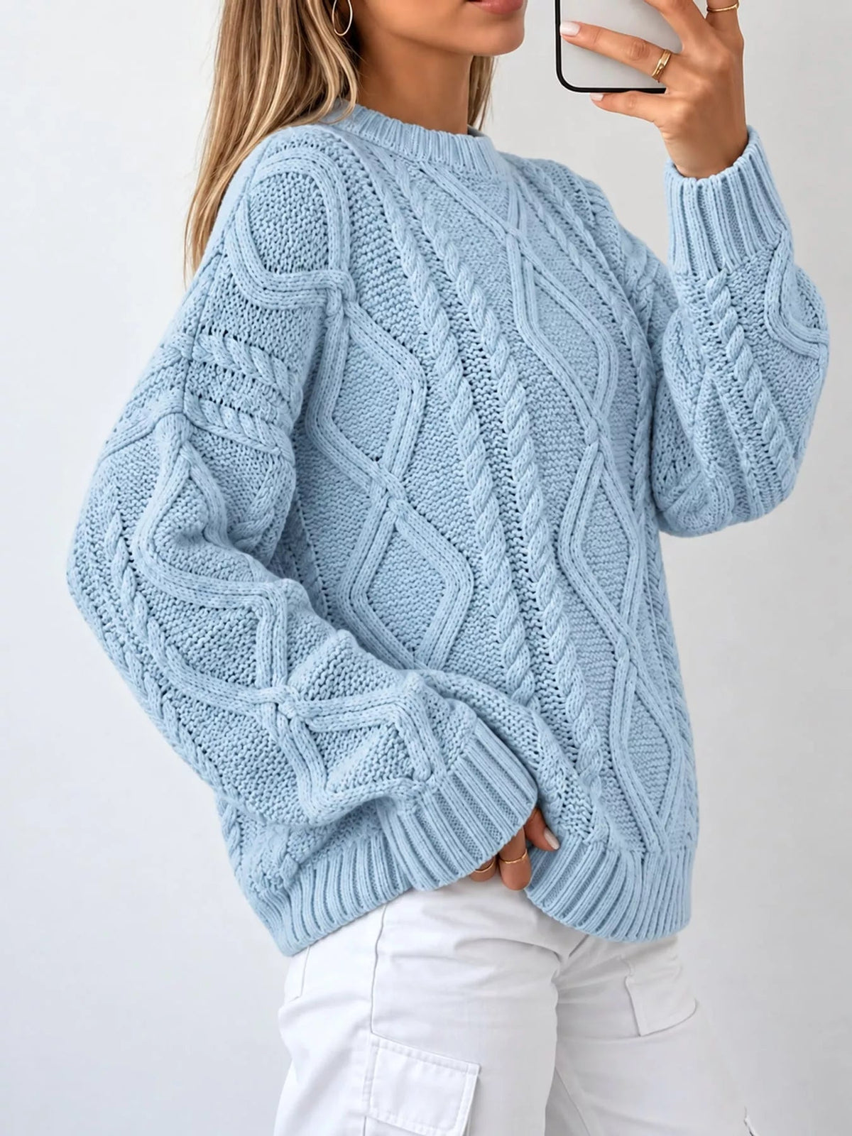 Full Size Cable-Knit Round Neck Sweater Plus Size - Dressed.