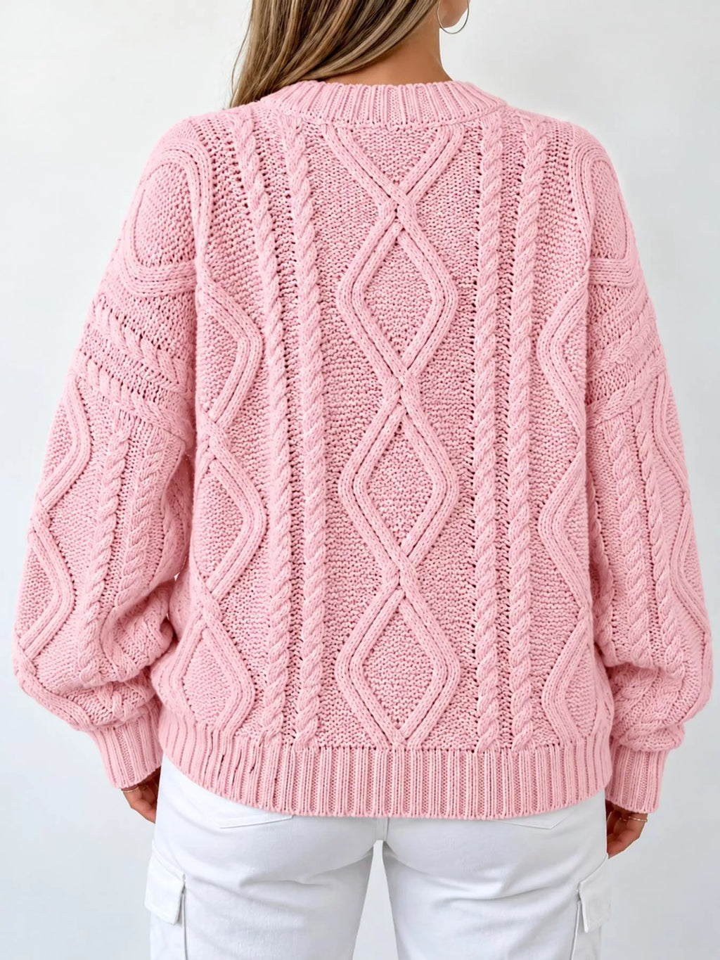 Full Size Cable-Knit Round Neck Sweater Plus Size - Dressed.