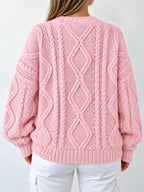 Full Size Cable-Knit Round Neck Sweater Plus Size - Dressed.