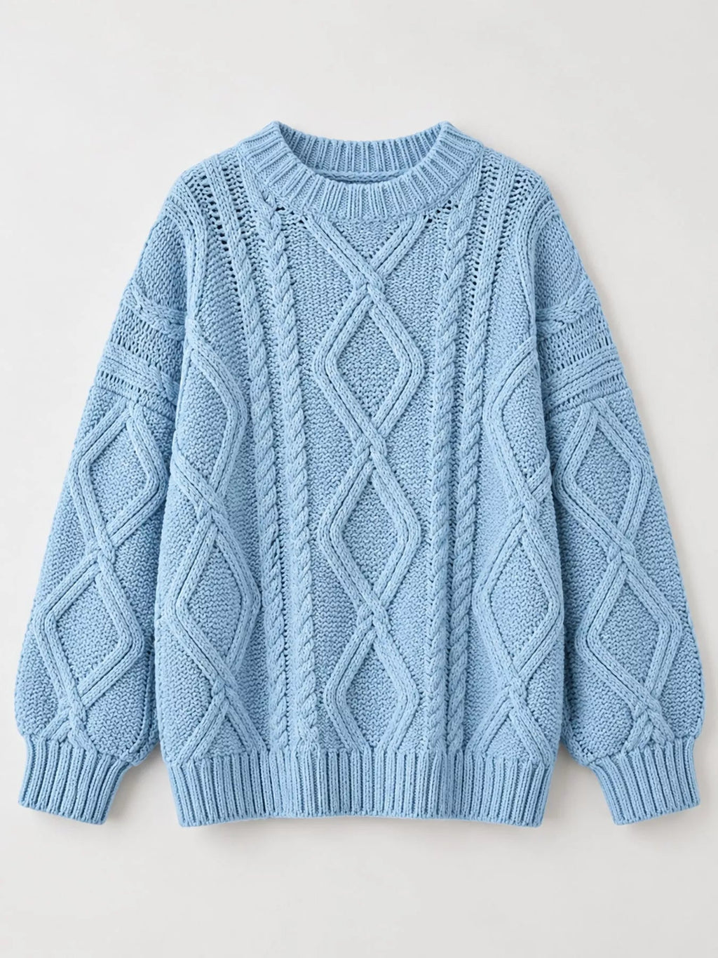 Full Size Cable-Knit Round Neck Sweater Plus Size - Dressed.