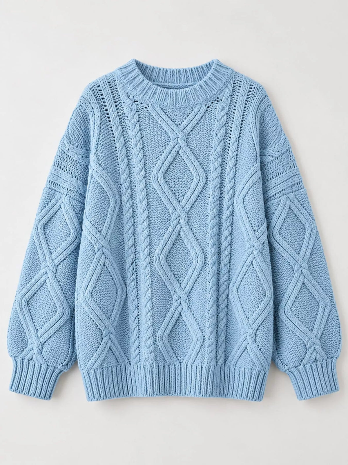 Full Size Cable-Knit Round Neck Sweater Plus Size - Dressed.