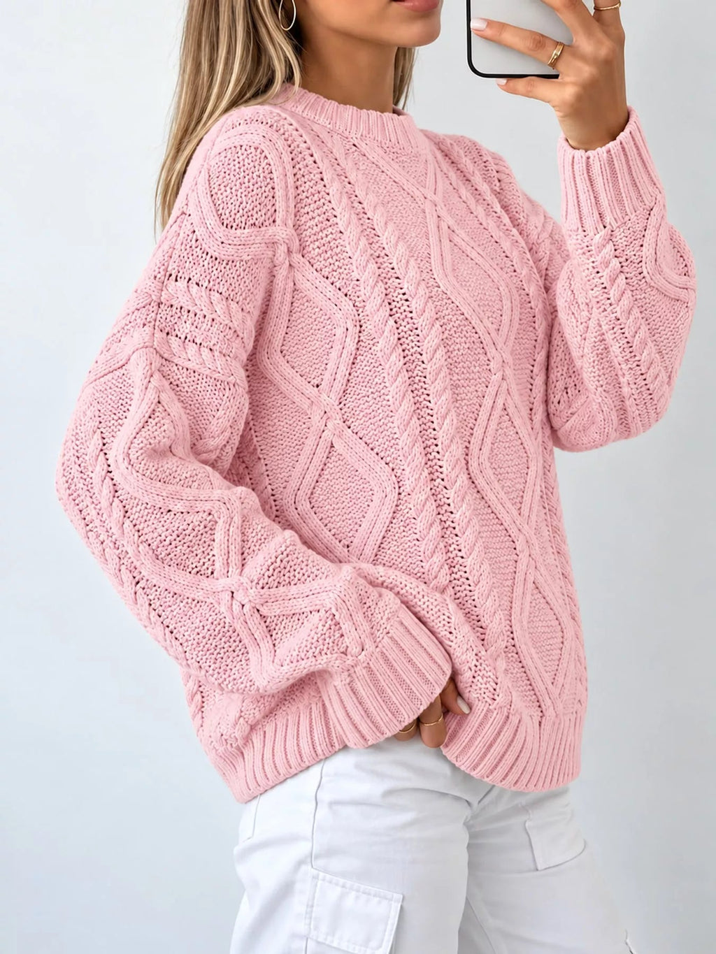 Full Size Cable-Knit Round Neck Sweater Plus Size - Dressed.