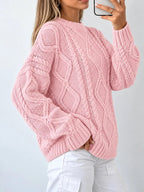 Full Size Cable-Knit Round Neck Sweater Plus Size - Dressed.