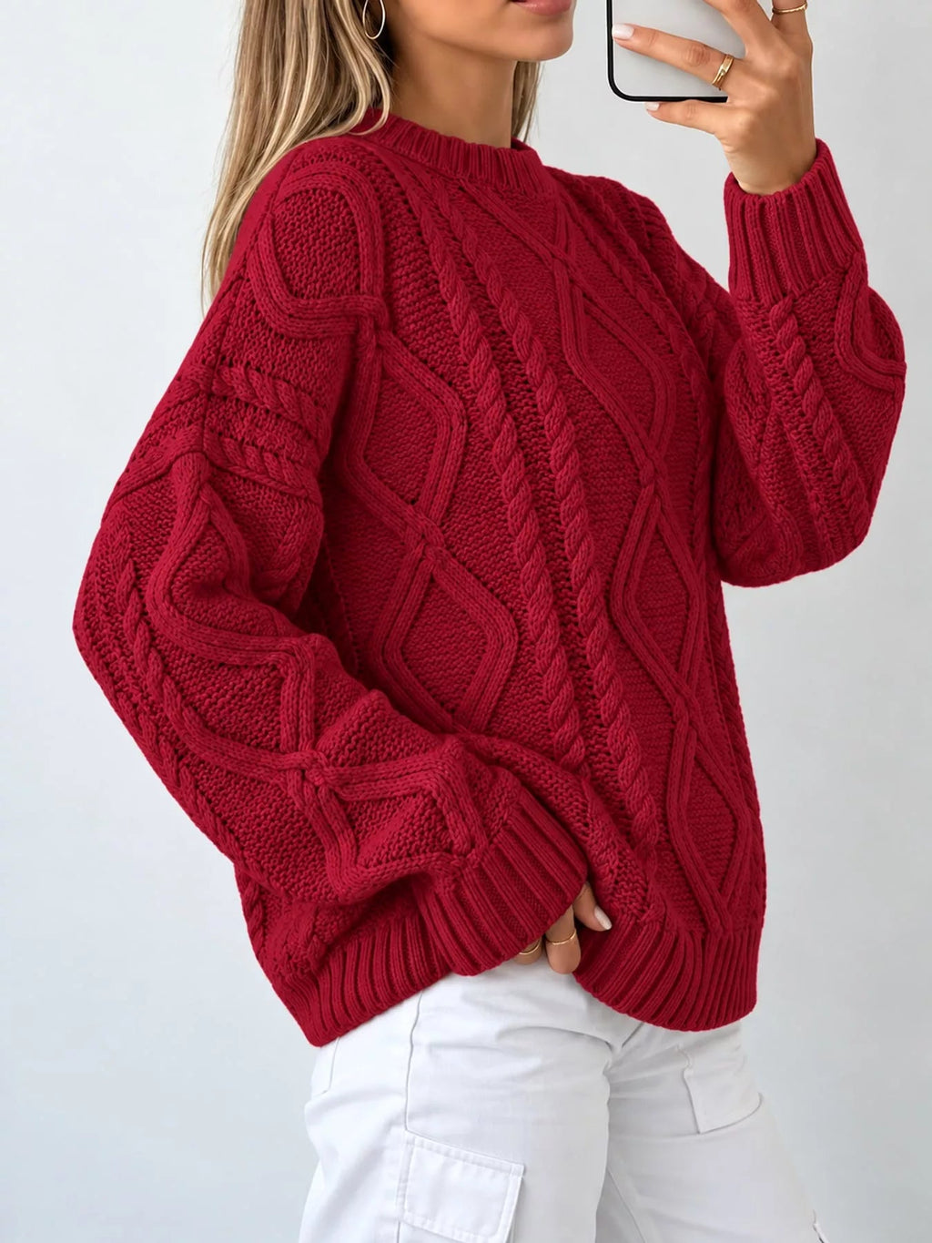 Full Size Cable-Knit Round Neck Sweater Plus Size - Dressed.