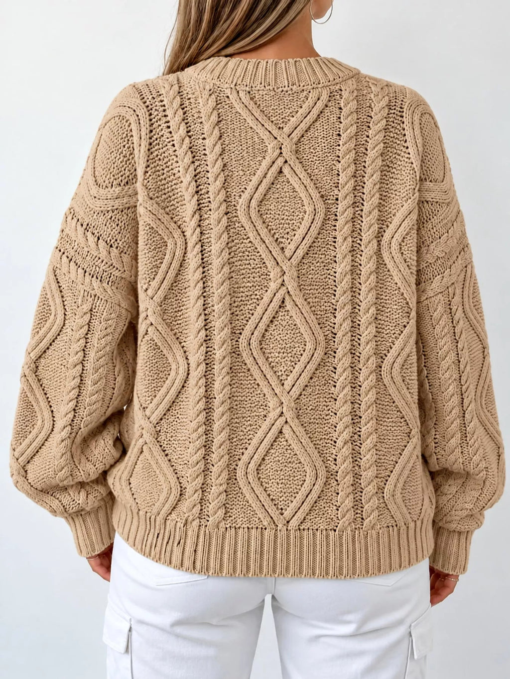 Full Size Cable-Knit Round Neck Sweater Plus Size - Dressed.