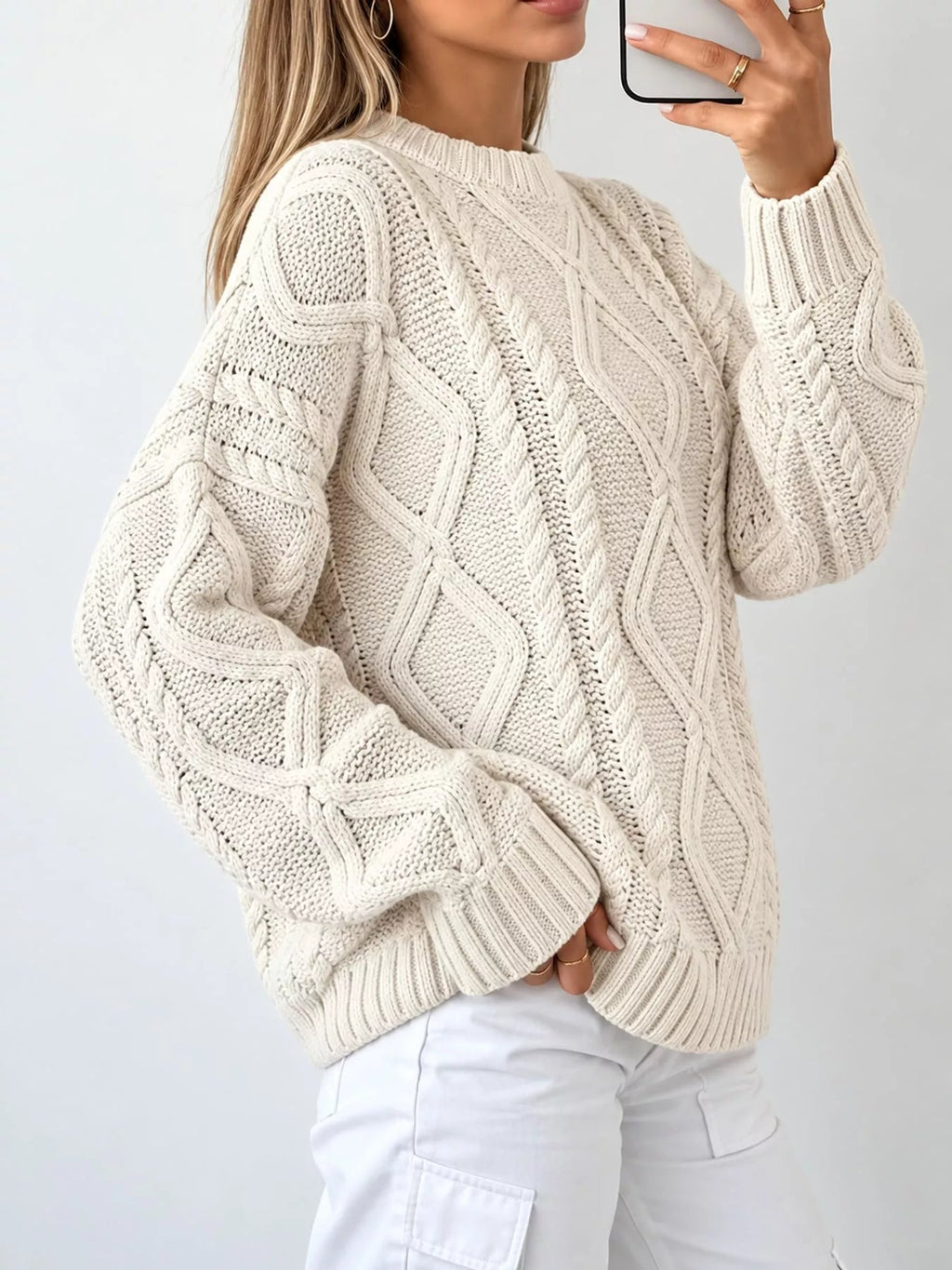 Full Size Cable-Knit Round Neck Sweater Plus Size - Dressed.