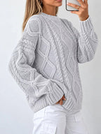 Full Size Cable-Knit Round Neck Sweater Plus Size - Dressed.
