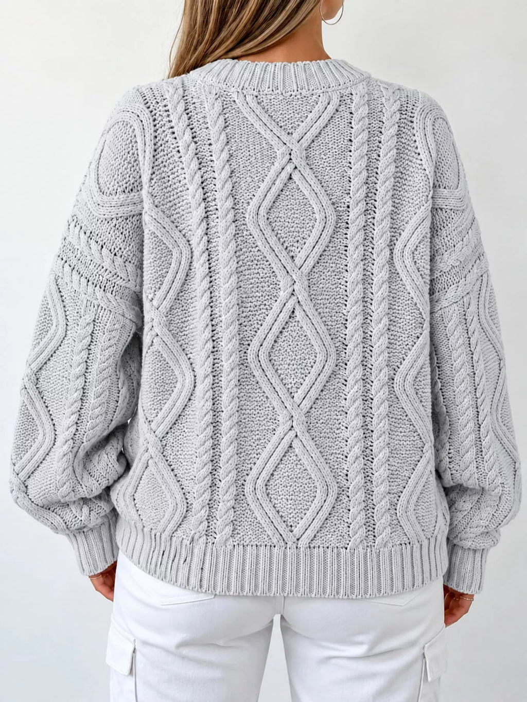 Full Size Cable-Knit Round Neck Sweater Plus Size - Dressed.