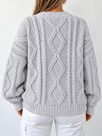 Full Size Cable-Knit Round Neck Sweater Plus Size - Dressed.