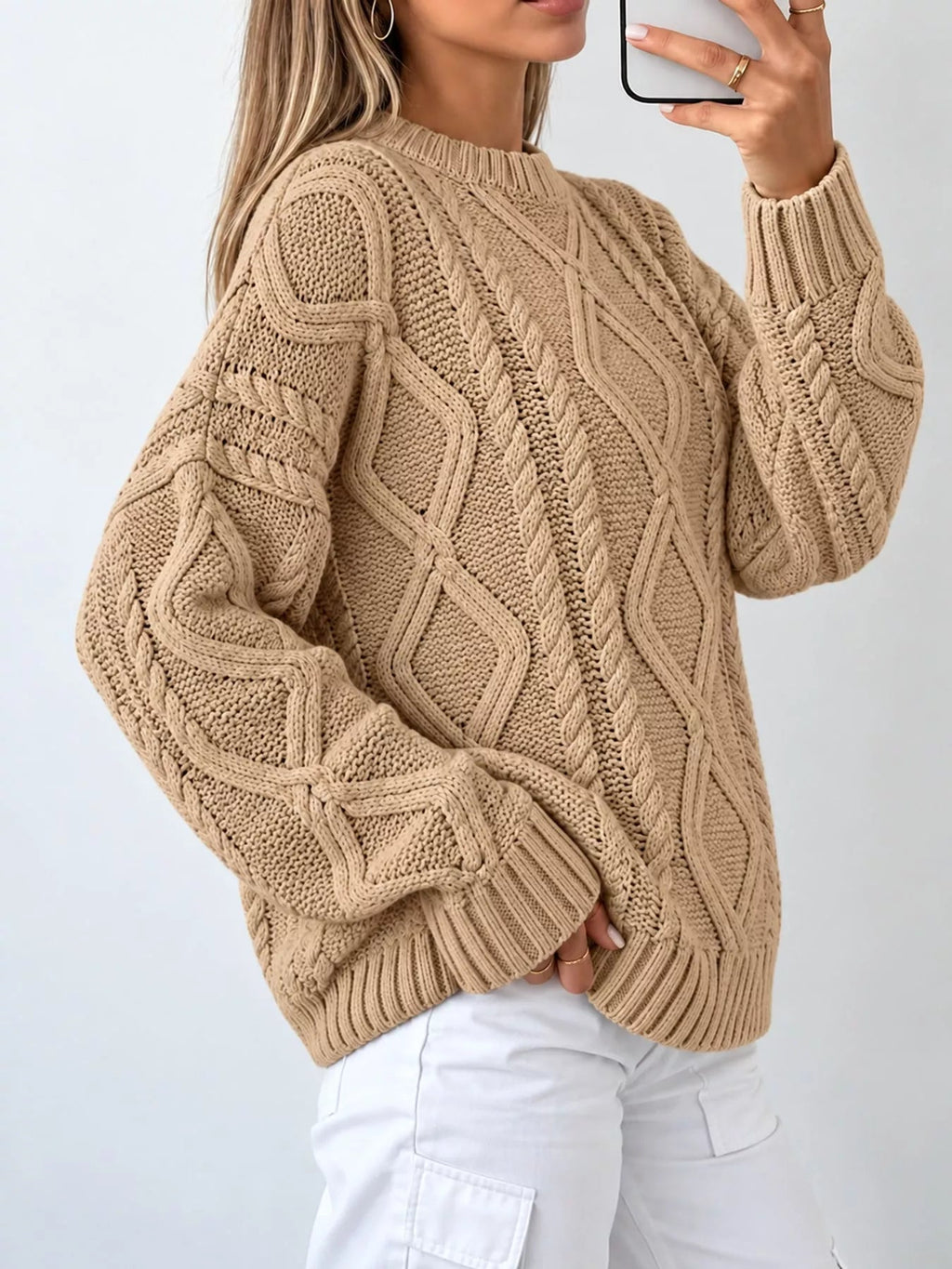 Full Size Cable-Knit Round Neck Sweater Plus Size - Dressed.