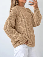 Full Size Cable-Knit Round Neck Sweater Plus Size - Dressed.