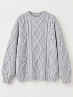 Full Size Cable-Knit Round Neck Sweater Plus Size - Dressed.