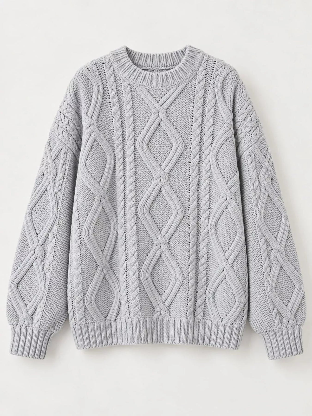Full Size Cable-Knit Round Neck Sweater Plus Size - Dressed.