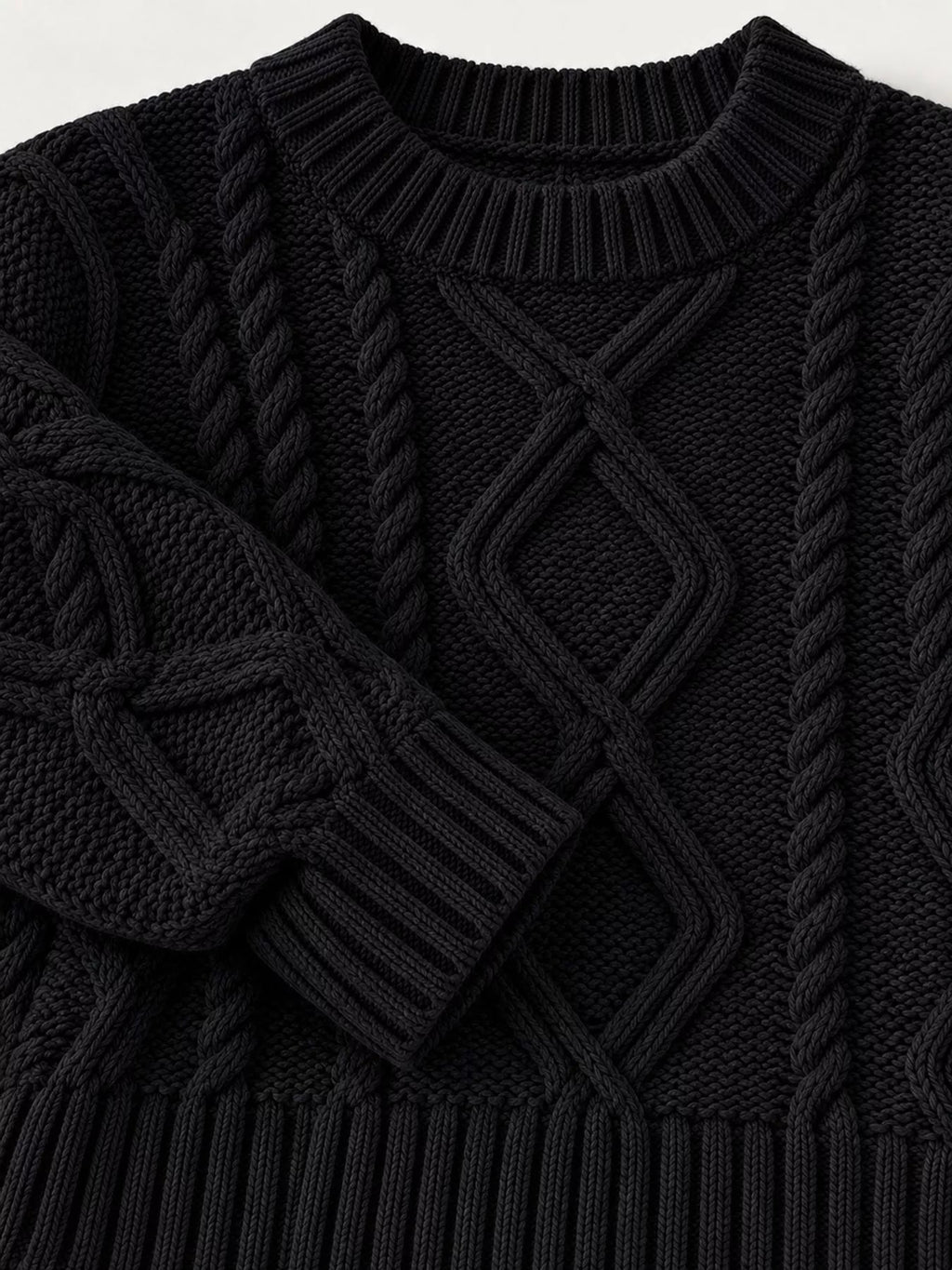 Full Size Cable-Knit Round Neck Sweater Plus Size - Dressed.