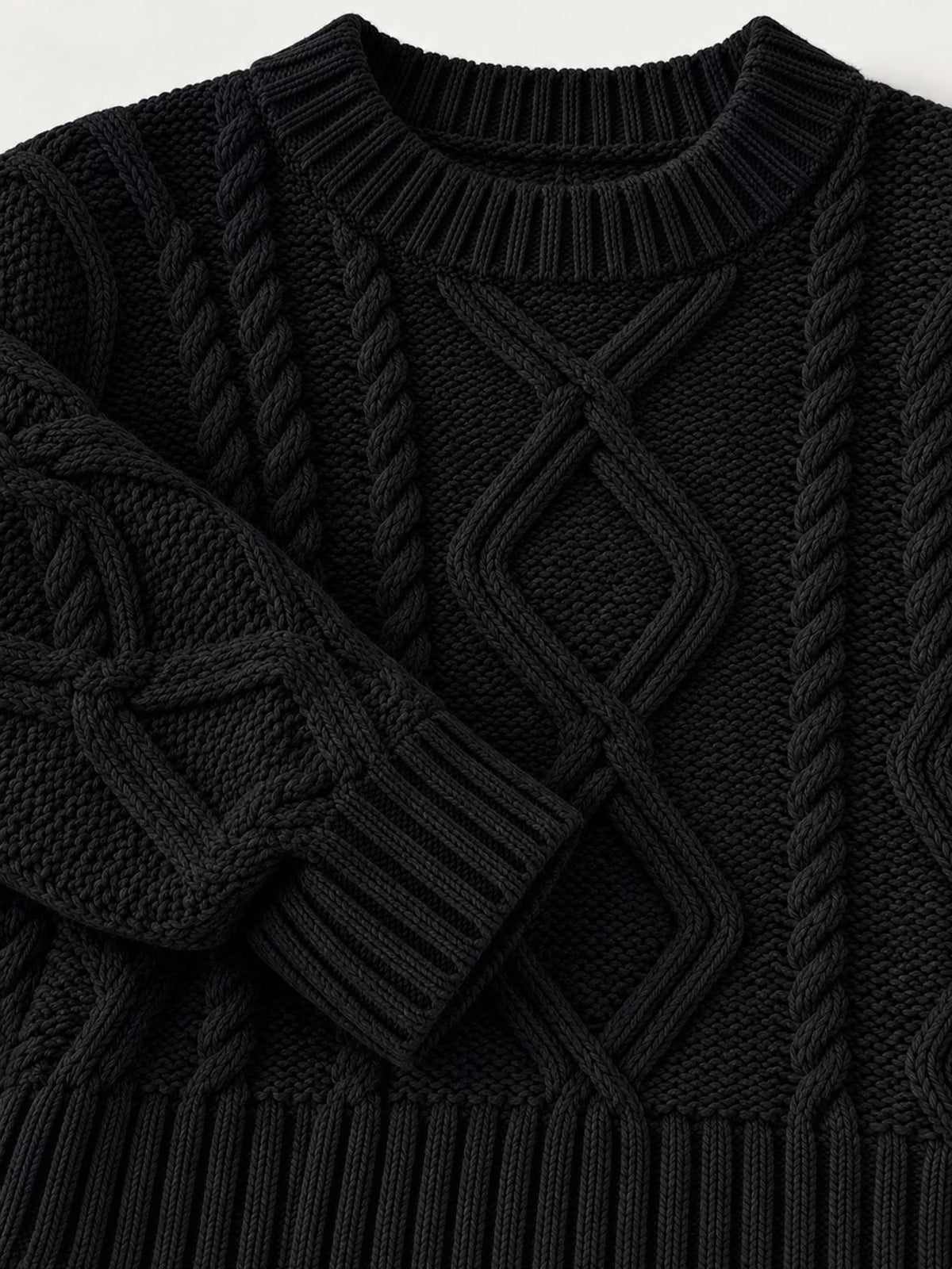 Full Size Cable-Knit Round Neck Sweater Plus Size - Dressed.