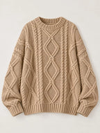 Full Size Cable-Knit Round Neck Sweater Plus Size - Dressed.