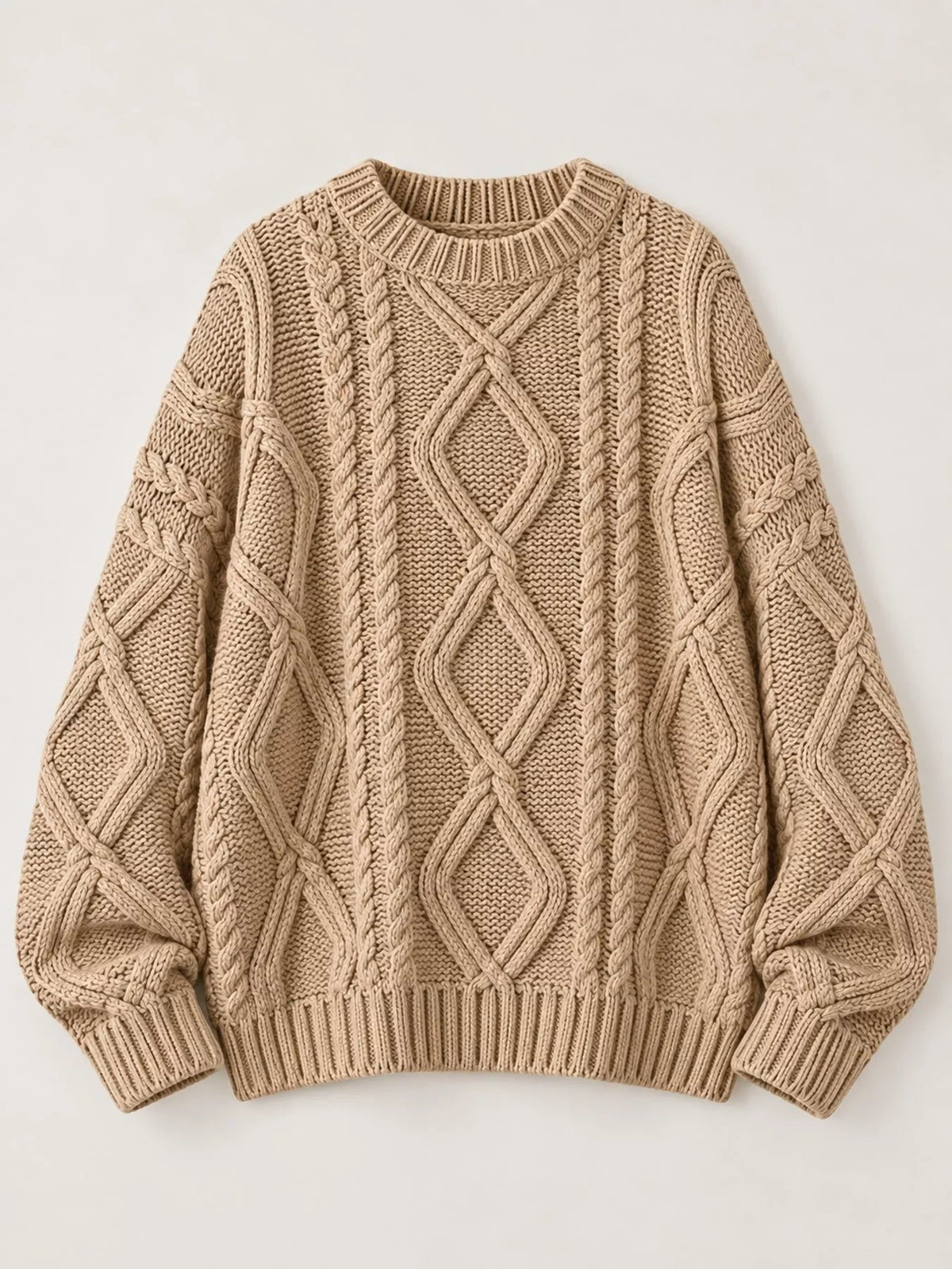 Full Size Cable-Knit Round Neck Sweater Plus Size - Dressed.