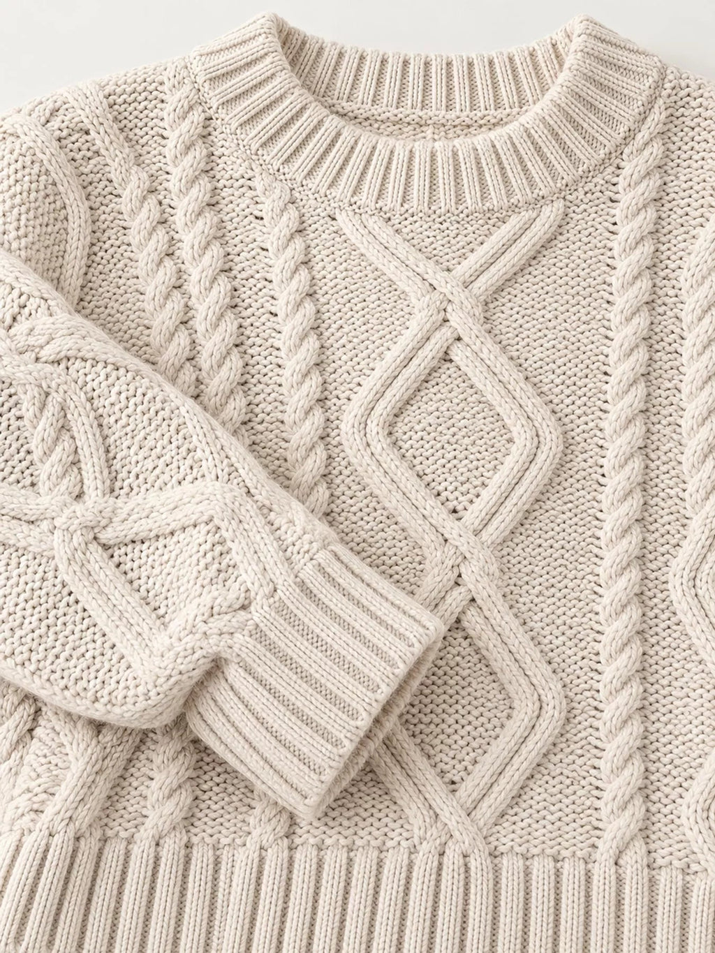 Full Size Cable-Knit Round Neck Sweater Plus Size - Dressed.