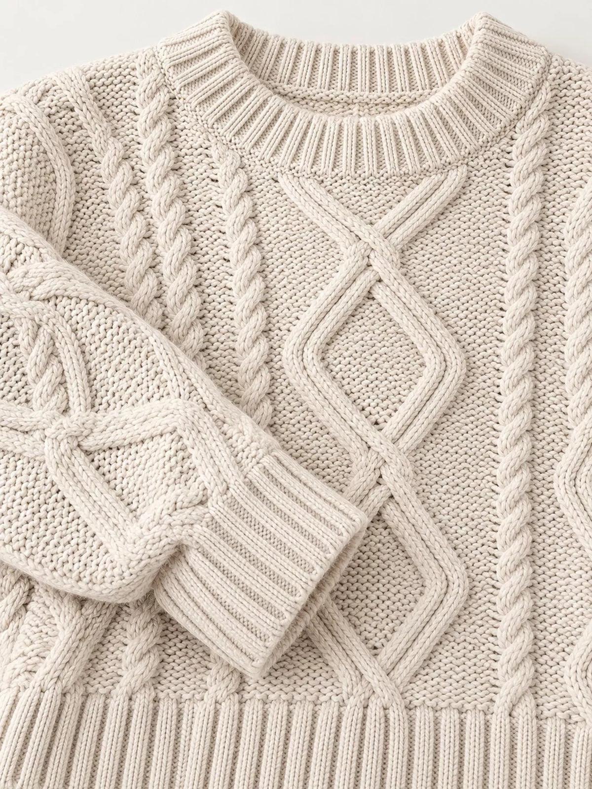 Full Size Cable-Knit Round Neck Sweater Plus Size - Dressed.
