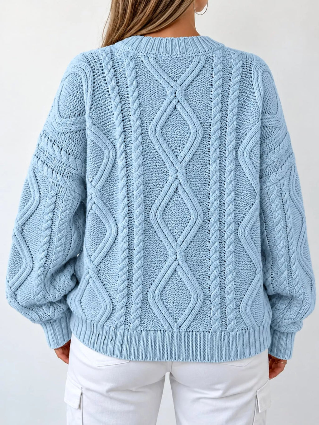 Full Size Cable-Knit Round Neck Sweater Plus Size - Dressed.