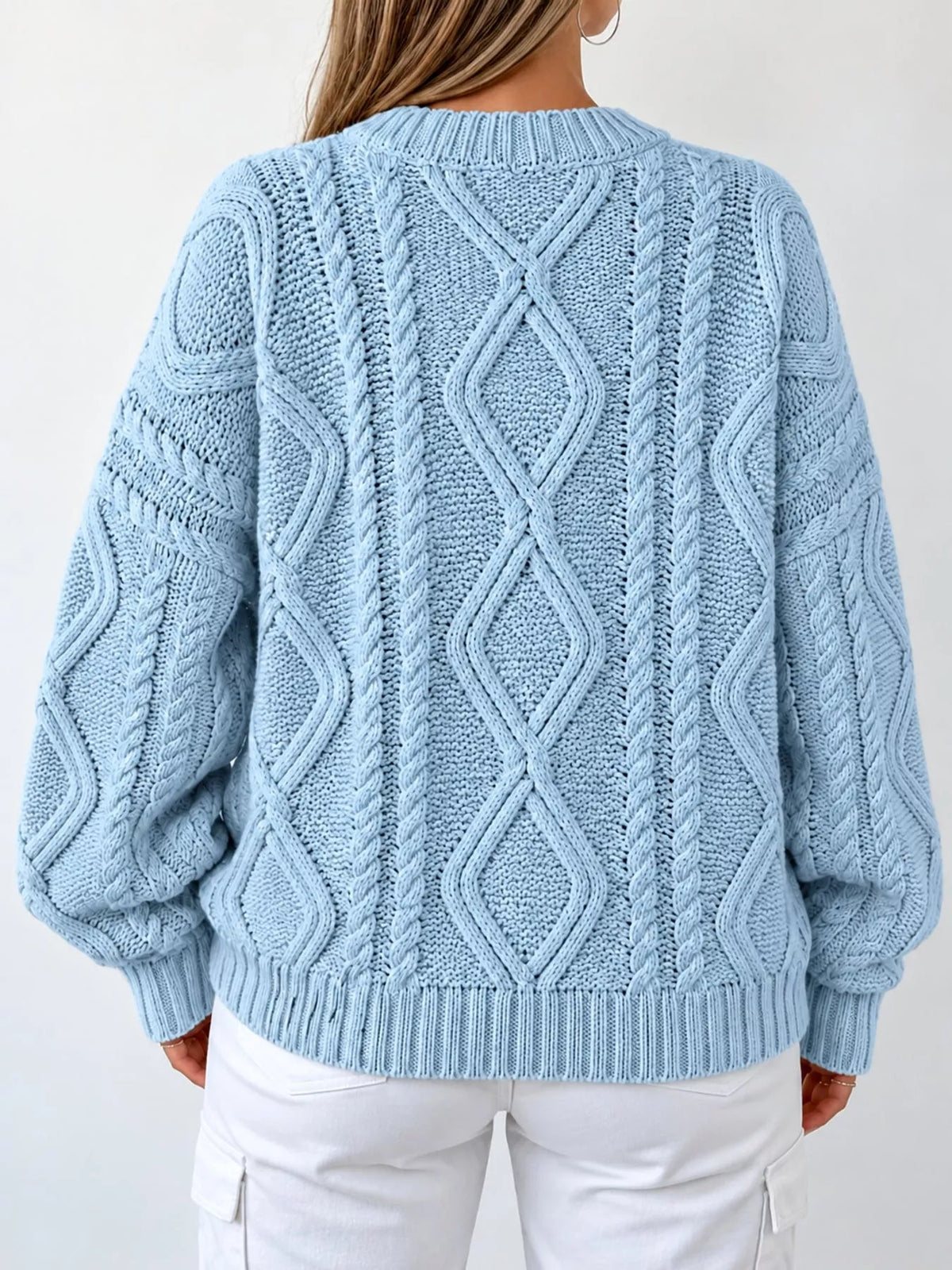 Full Size Cable-Knit Round Neck Sweater Plus Size - Dressed.