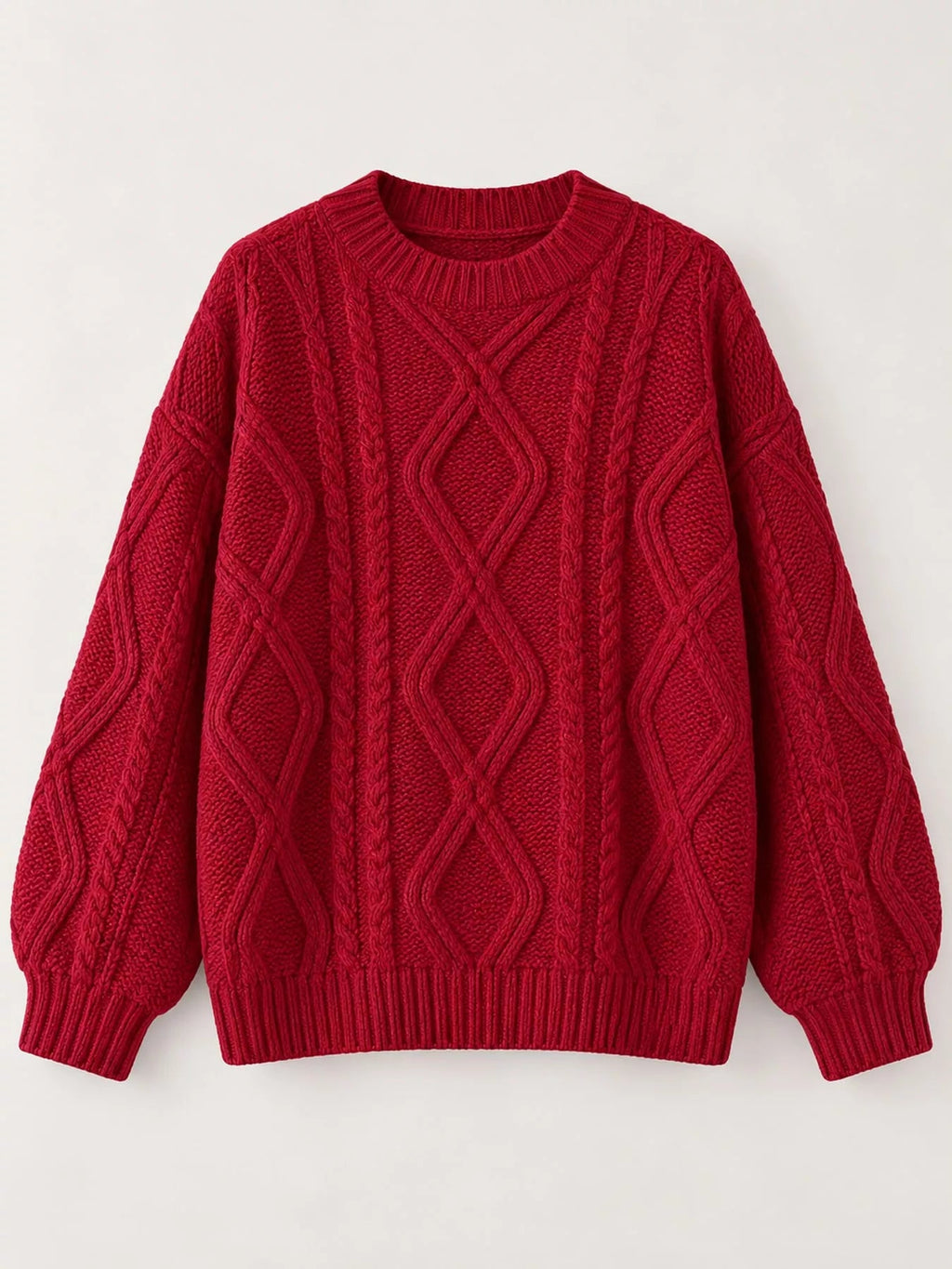 Full Size Cable-Knit Round Neck Sweater Plus Size - Dressed.