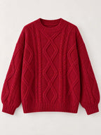 Full Size Cable-Knit Round Neck Sweater Plus Size - Dressed.
