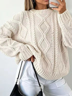 Full Size Cable-Knit Round Neck Sweater Plus Size - Dressed.